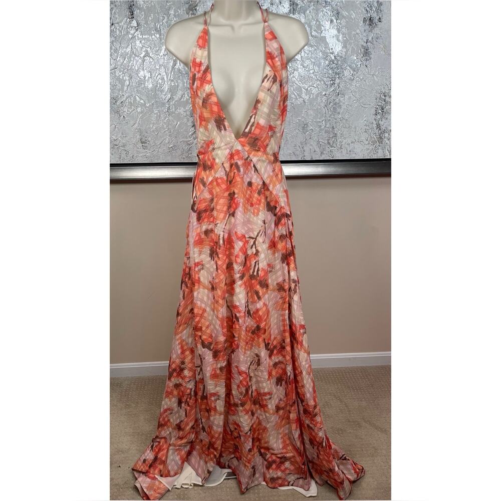 SAU LEE Calista Floral Plunging V Neckline Orange Maxi Dress Size 2 - Picture 4 of 9